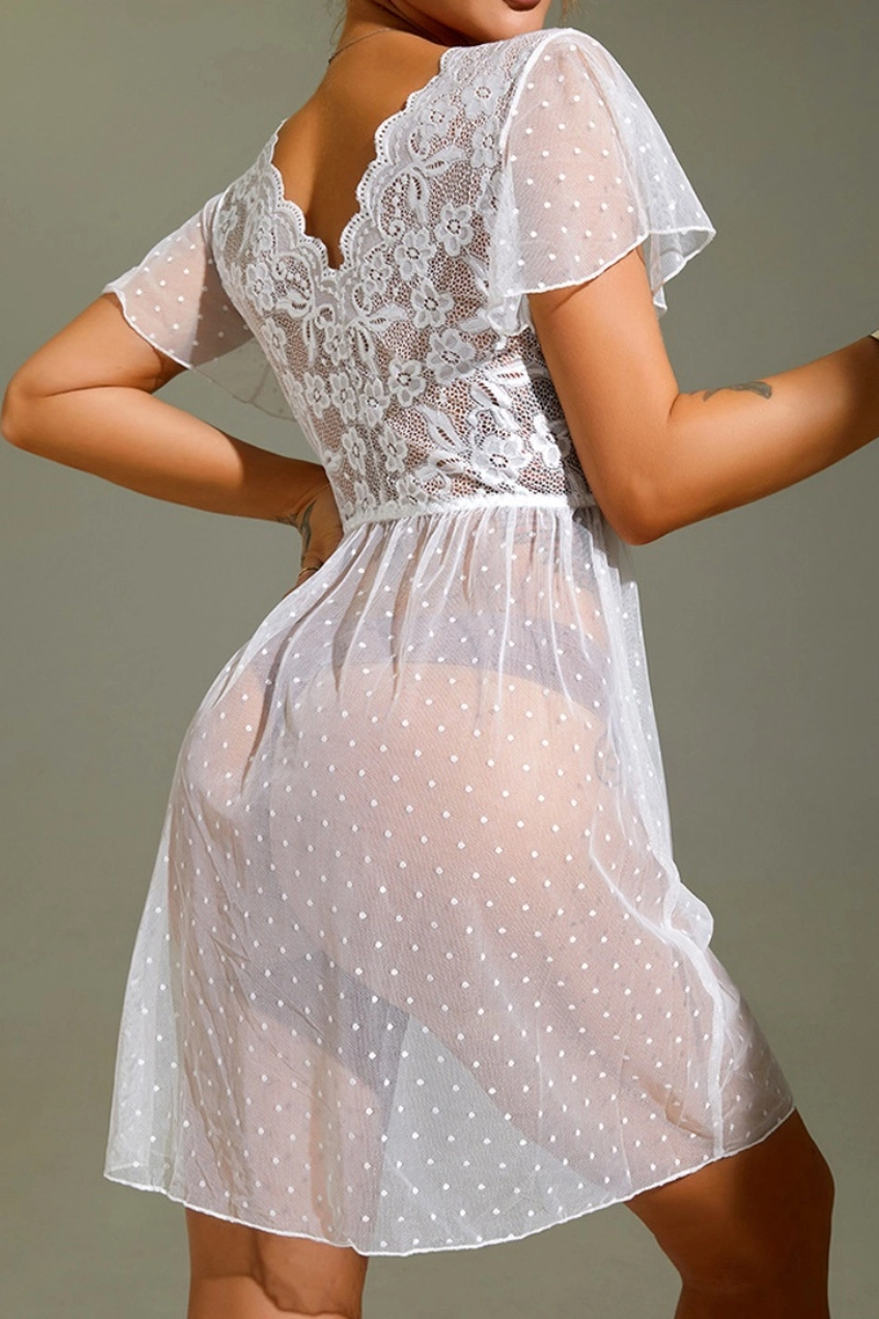 Back view of custom white Lace Pajamas featuring sheer floral lace