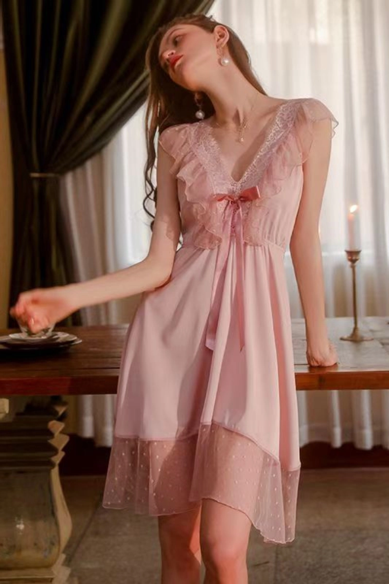 Alt: Pink custom see through Lace Pajamas with ruffle and lace trim