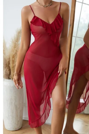 Alt: Red b2b womens lace Pajamas with deep V-neck and lace trim