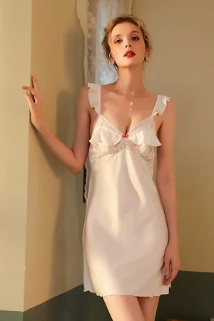 B2B white Pajamas lace chemise with ruffle details and bow