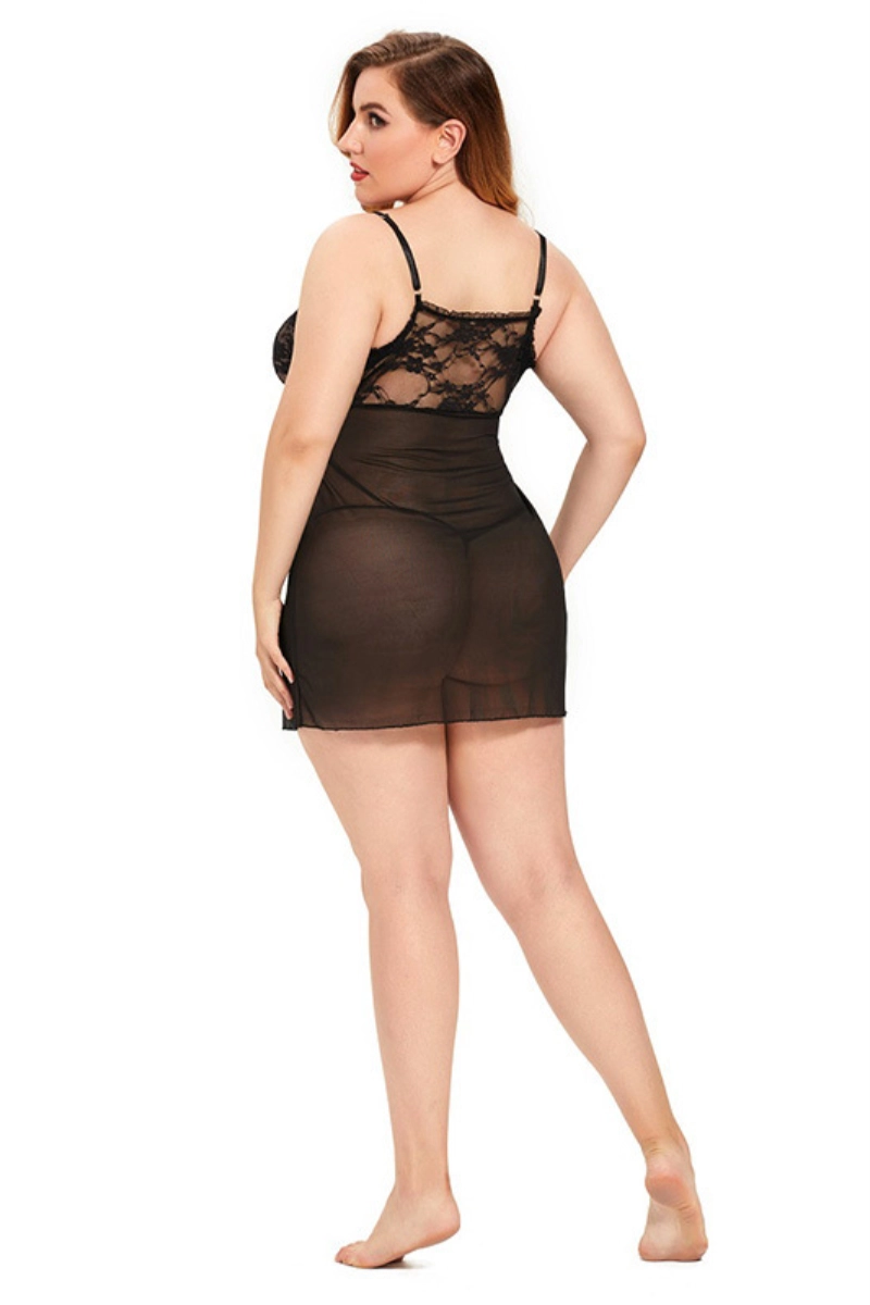 Plus-size model wearing black bulk sheer Lace Pajamas with floral lace