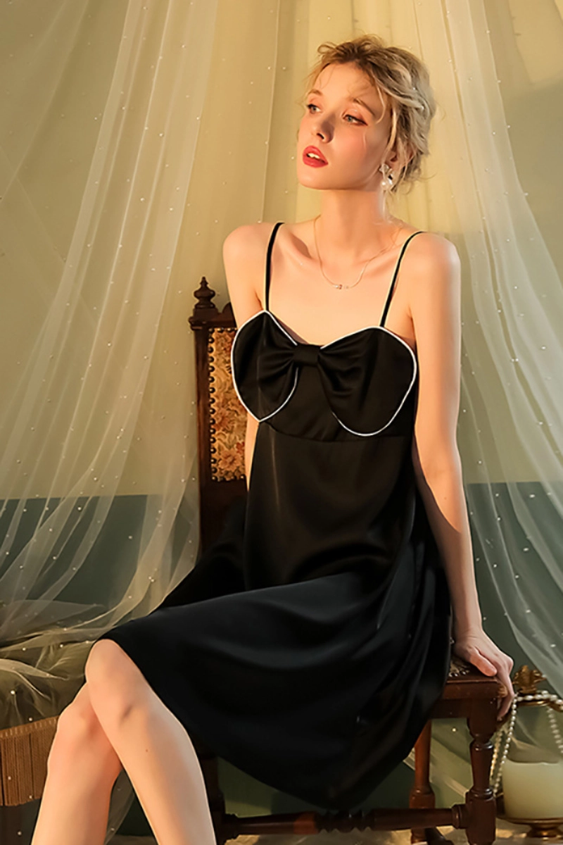 Black satin oem lace satin Pajamas with statement bow front