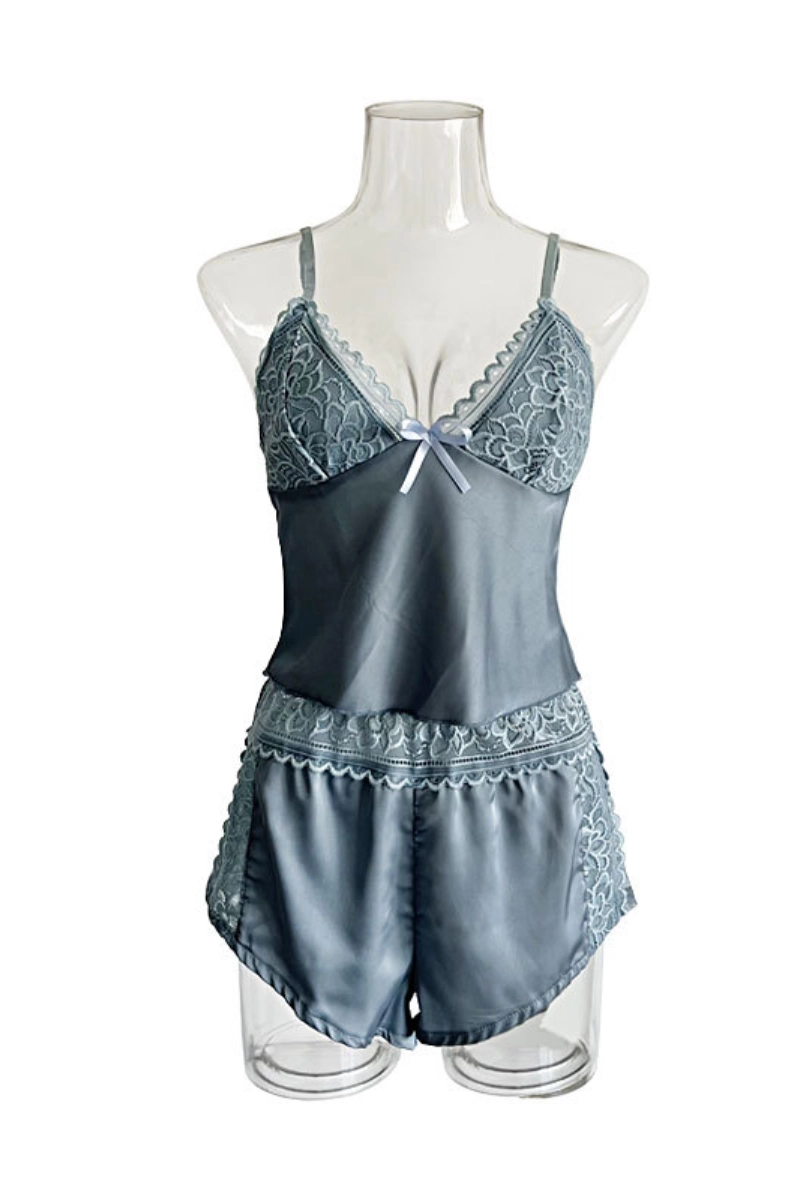 Alt:custom cotton Lace Pajamas in elegant grey blue with lace detailing