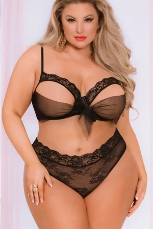 Alt Text：b2b lace black Pajamas with sheer mesh bow and high-waist lace panties