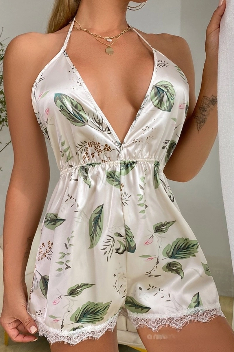 Woman wearing b2b white Lace Pajamas with leafy design and lace trim