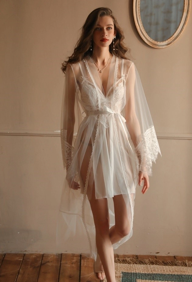 Alt:Elegant front view of b2b Lace Pajamas white robe with lace details