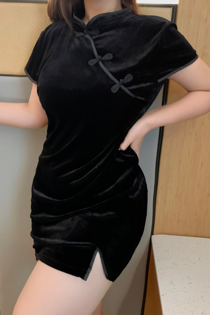 Alt Text:B2B lace babydoll pajamas in black velvet featuring mandarin collar and frog buttons