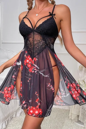 Front design of bulk lace black pajamas with floral print and lace bust