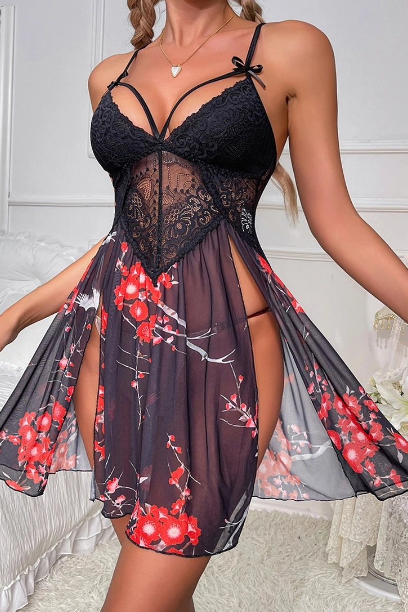 Front design of bulk lace black pajamas with floral print and lace bust