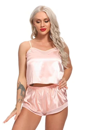 OEM Lace Pajamas front view with soft satin shine in blush pink