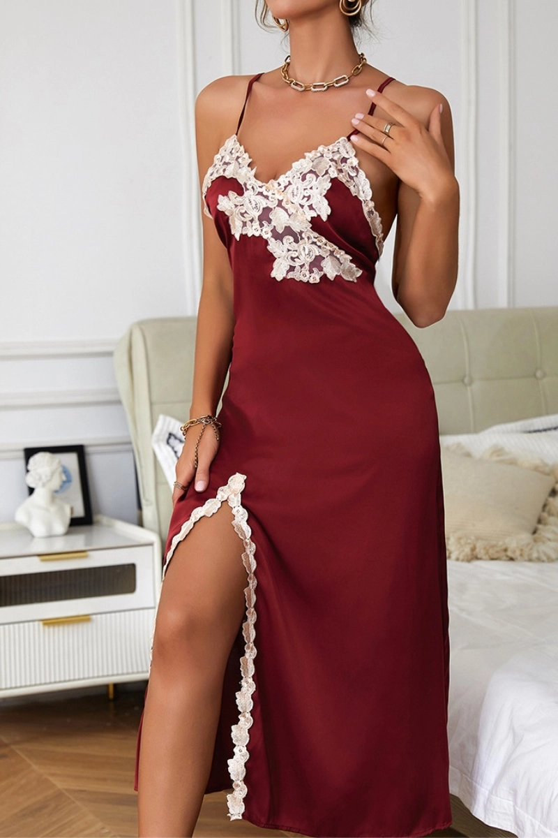 private label lace Pajamas dress in wine red with beige lace detailing