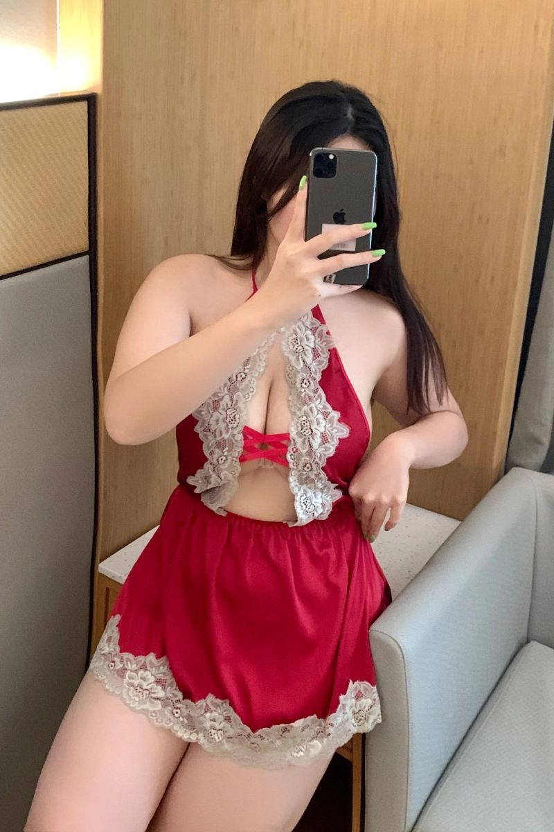 Halter-style custom red Lace Pajamas with floral embroidery