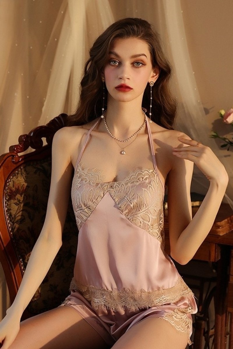 Alt Text: Blush pink b2b cotton Lace Pajamas with soft lace top and shorts