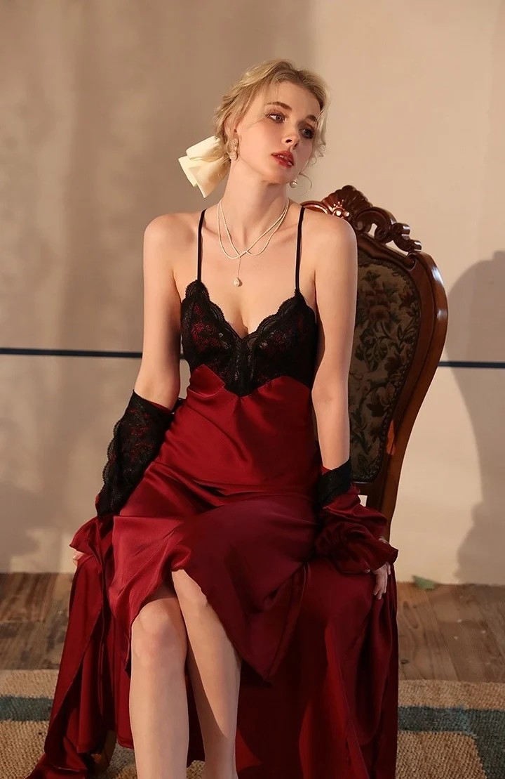 Alt Text: OEM lace babydoll pajamas wine red sexy sleepwear