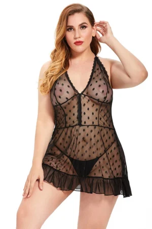 Plus size black sheer oem pajamas lace babydoll sleepwear front view