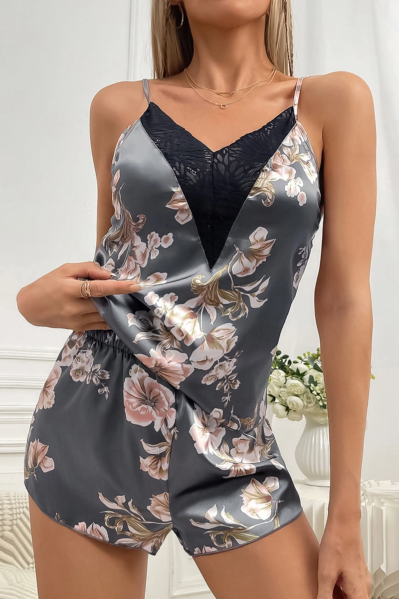 Alt Text:OEM short lace pajamas in satin gray with floral print and lace V-neck