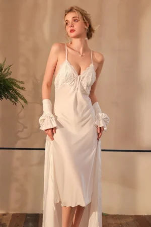 Alt Text: OEM lace babydoll pajamas white luxury nightgown