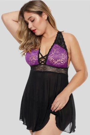 Alt Text：Front view of private label see through lace pajamas with purple and black lace