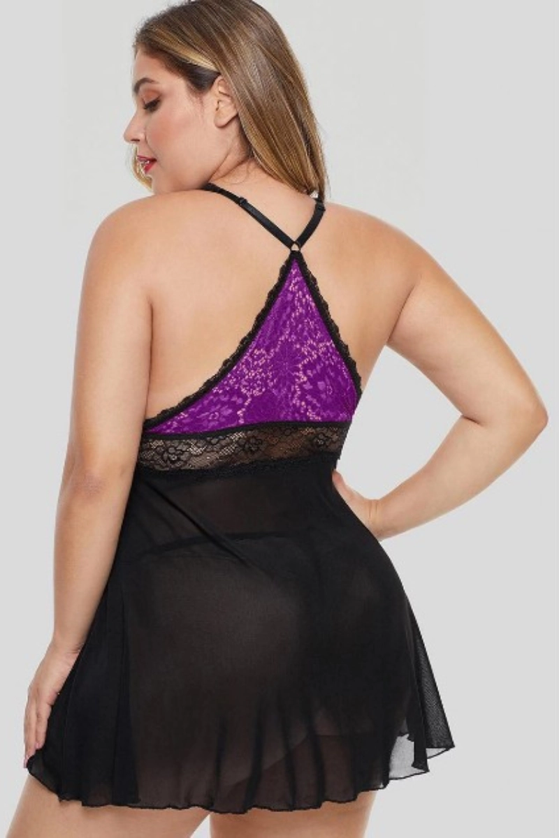 Alt Text:Back view of private label see through lace pajamas with purple lace lining