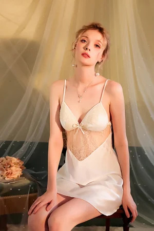 Private label white pajamas lace lingerie with delicate bow