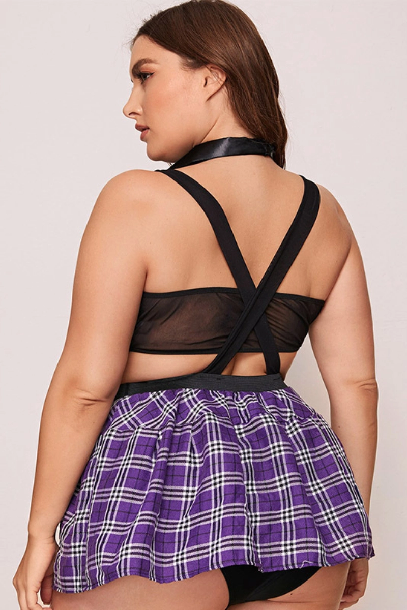 Purple plaid skirt and mesh top in wholesale sheer Lace Pajamas