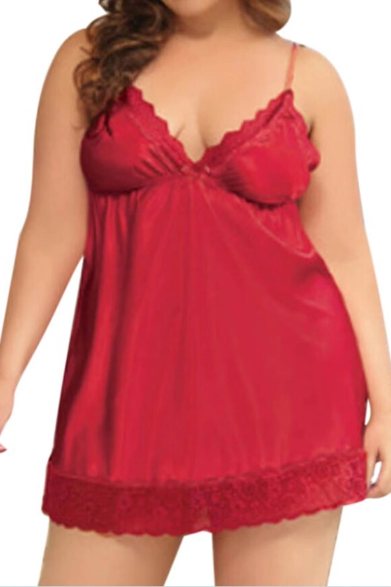 Alt Text：Red oem womens lace pajamas with lace neckline and hem