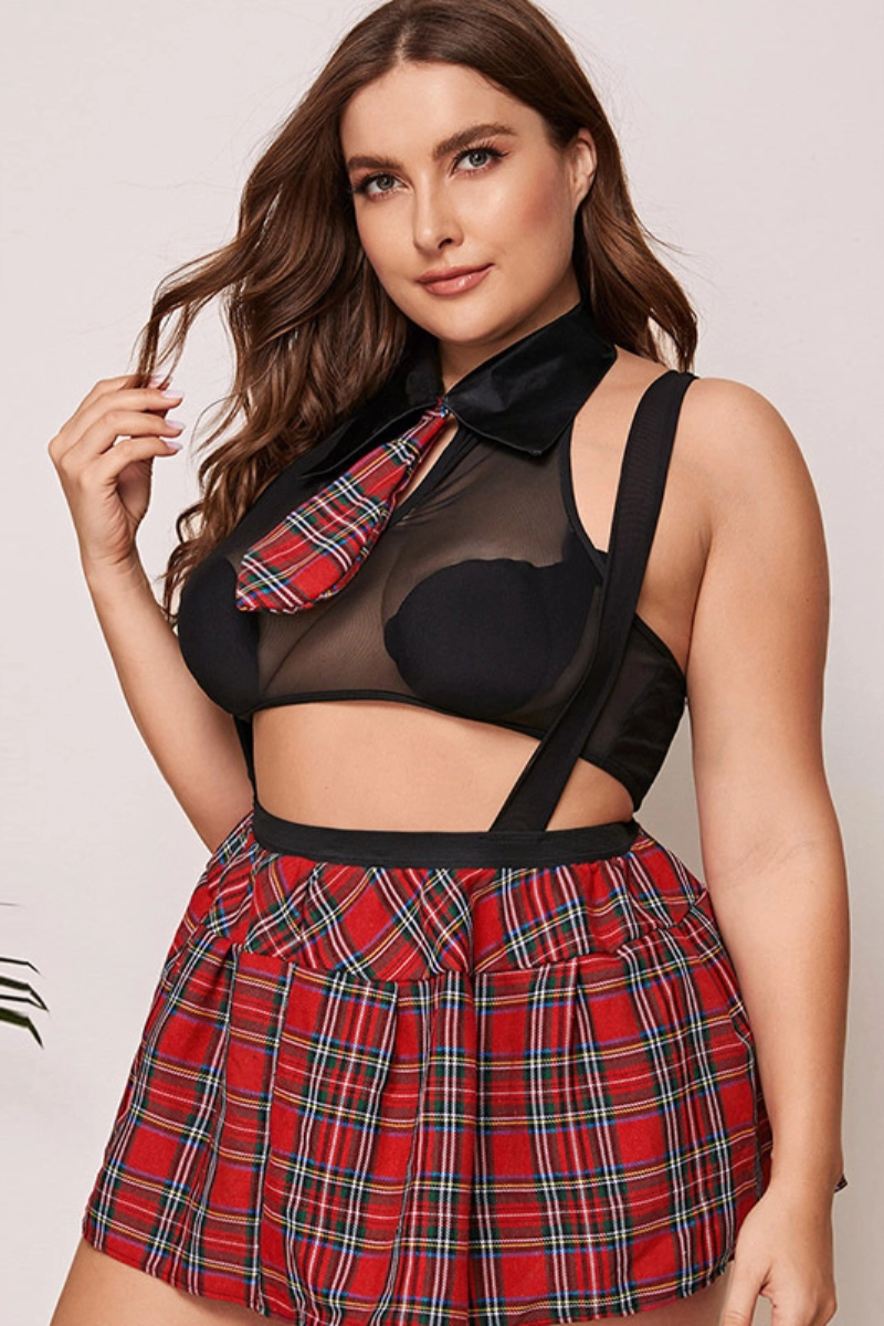 Sexy red plaid wholesale sheer Lace Pajamas with sheer mesh top