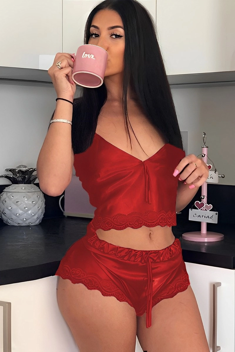 Alt:b2b Lace Pajamas for women in red satin with lace trim and drawstring waist