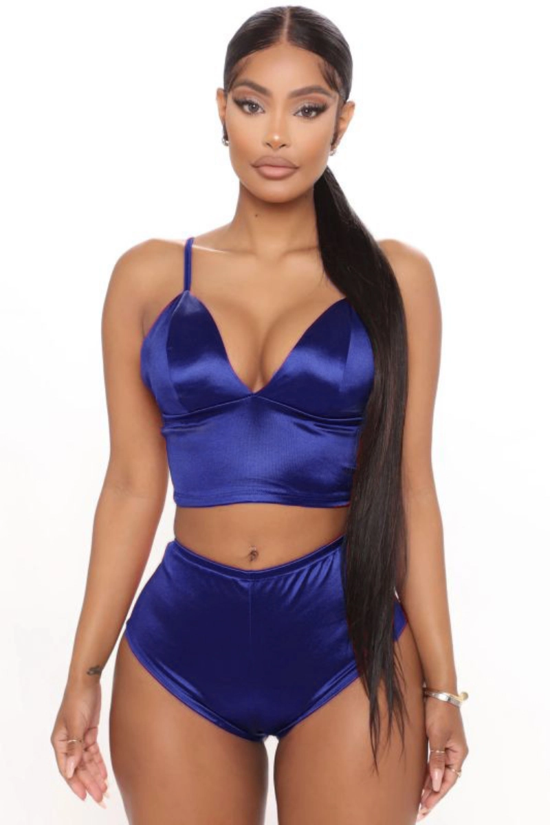 Alt: Royal blue custom cotton and lace pajamas with vibrant color and silky finish
