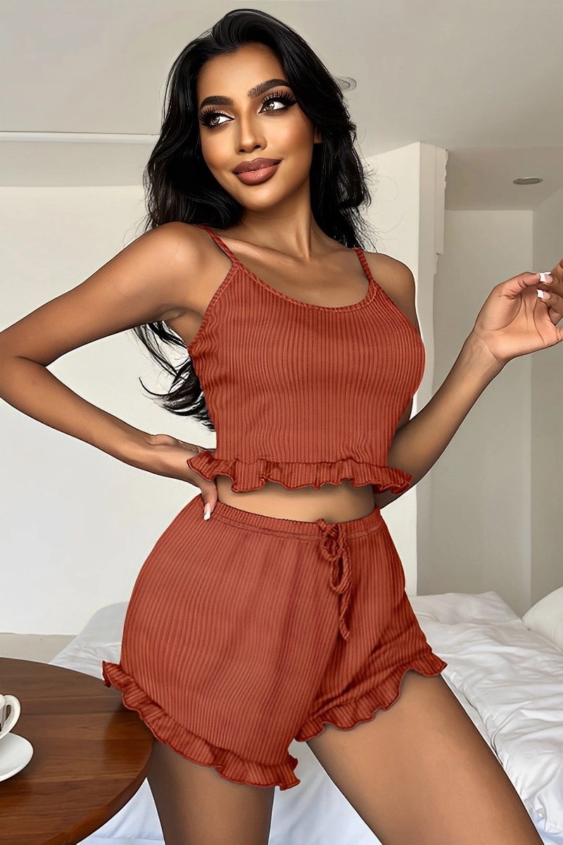 Rust red custom Lace Pajamas with ribbed crop top and ruffled shorts