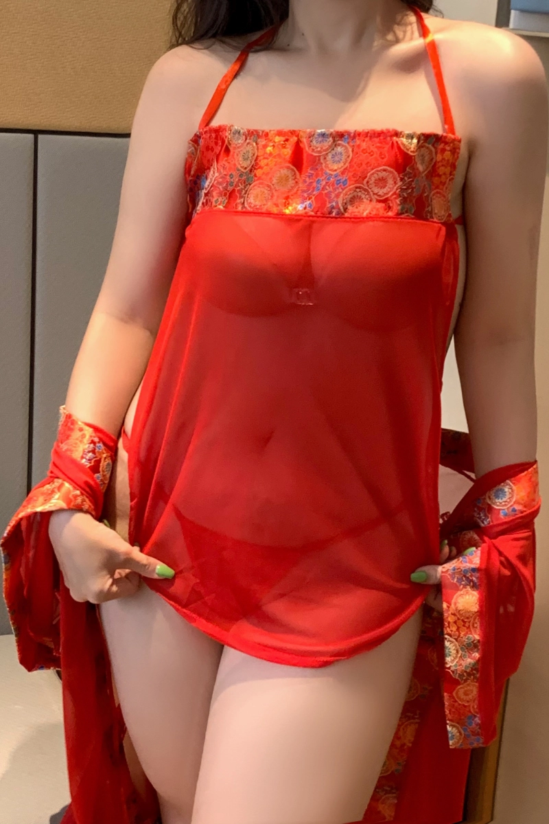 Close-up of red b2b sheer Lace Pajamas with lace and embroidery