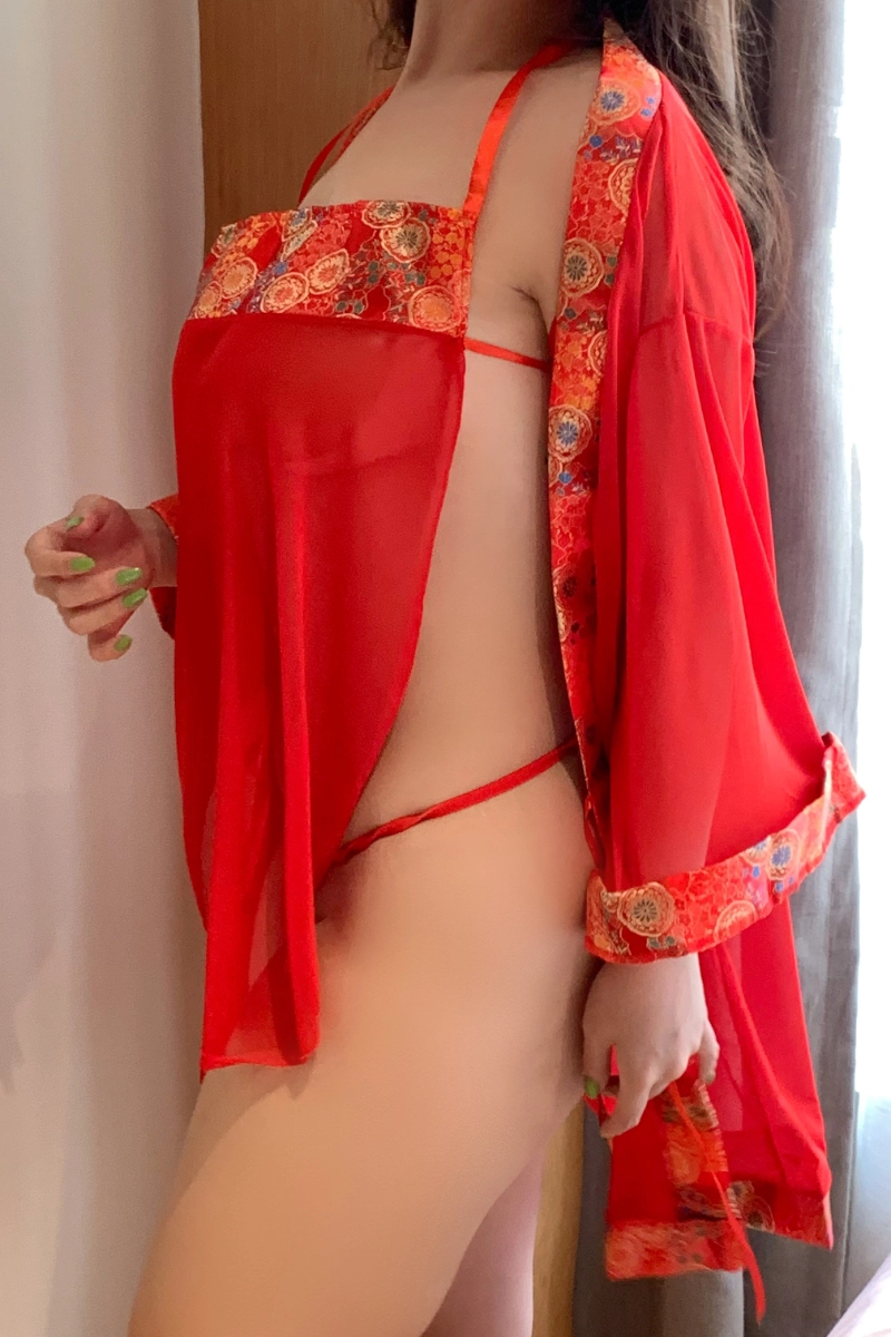 Side pose in red b2b sheer Lace Pajamas showing sheer fabric and embroidery