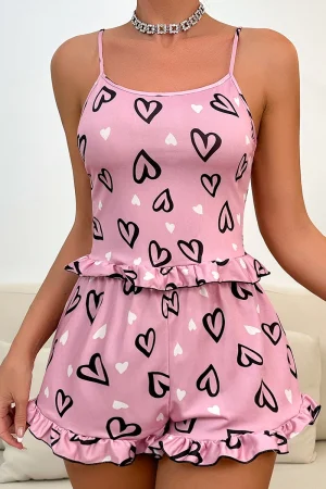 Front view of b2b pink Lace Pajamas with heart pattern and ruffled hem