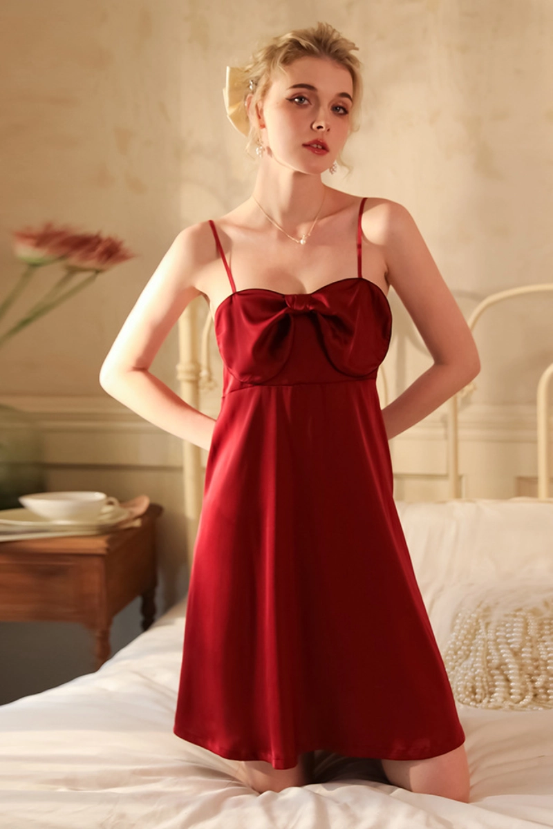 Front view of red oem lace satin Pajamas featuring a bold bow