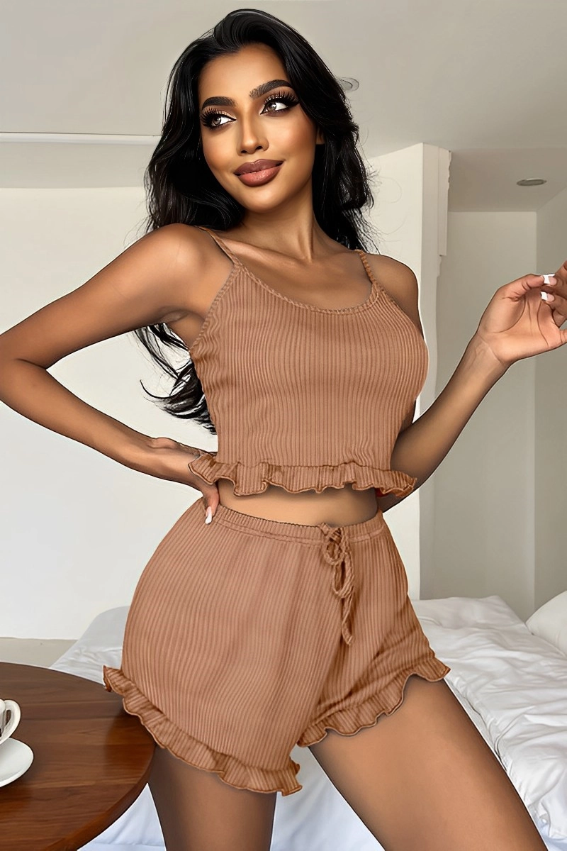 Tan custom Lace Pajamas in ribbed fabric with drawstring shorts and crop top