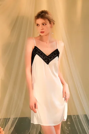 V-neck wholesale white pajamas lace with black trim and satin finish