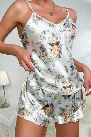wholesale sexy Lace Pajamas in white floral satin design