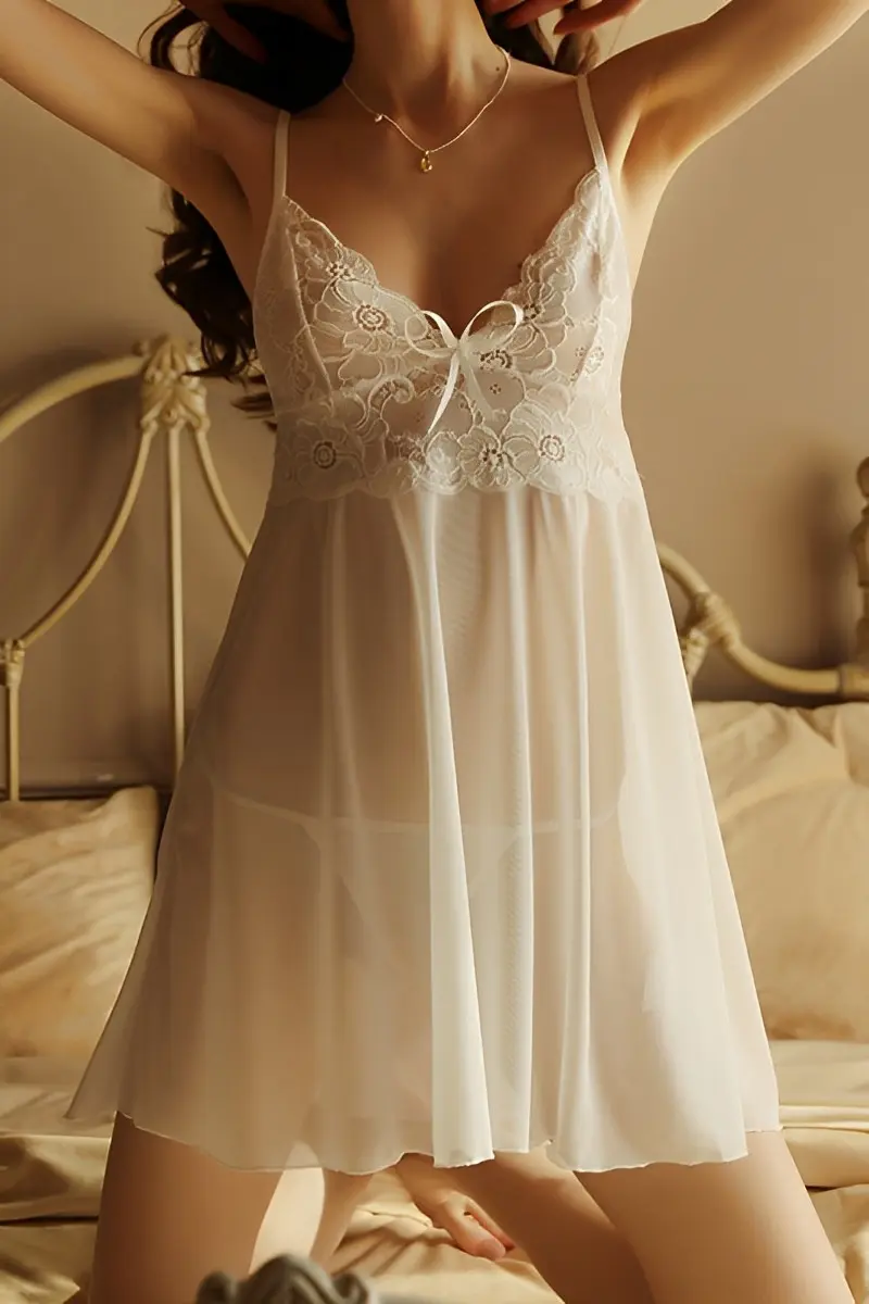 Alt: White wholesale cotton and lace pajamas with bow detail