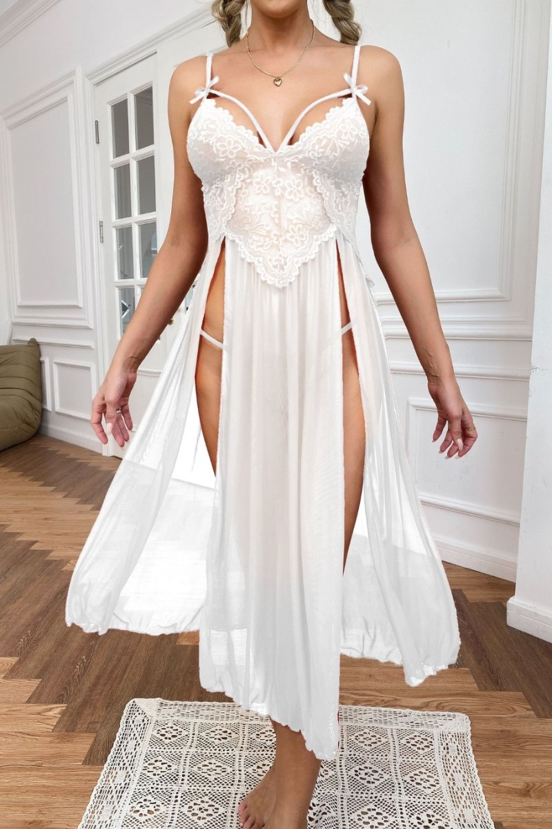 Alt: White bulk silk Lace Pajamas for romantic bridal-inspired look