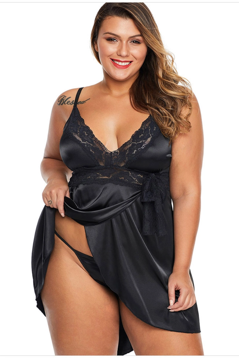 Alt: Classic black wholesale Lace Pajamas for women with lace trim and satin finish