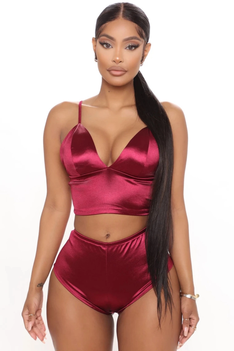 Alt: Front view of custom cotton and lace pajamas in wine red with crop top and shorts