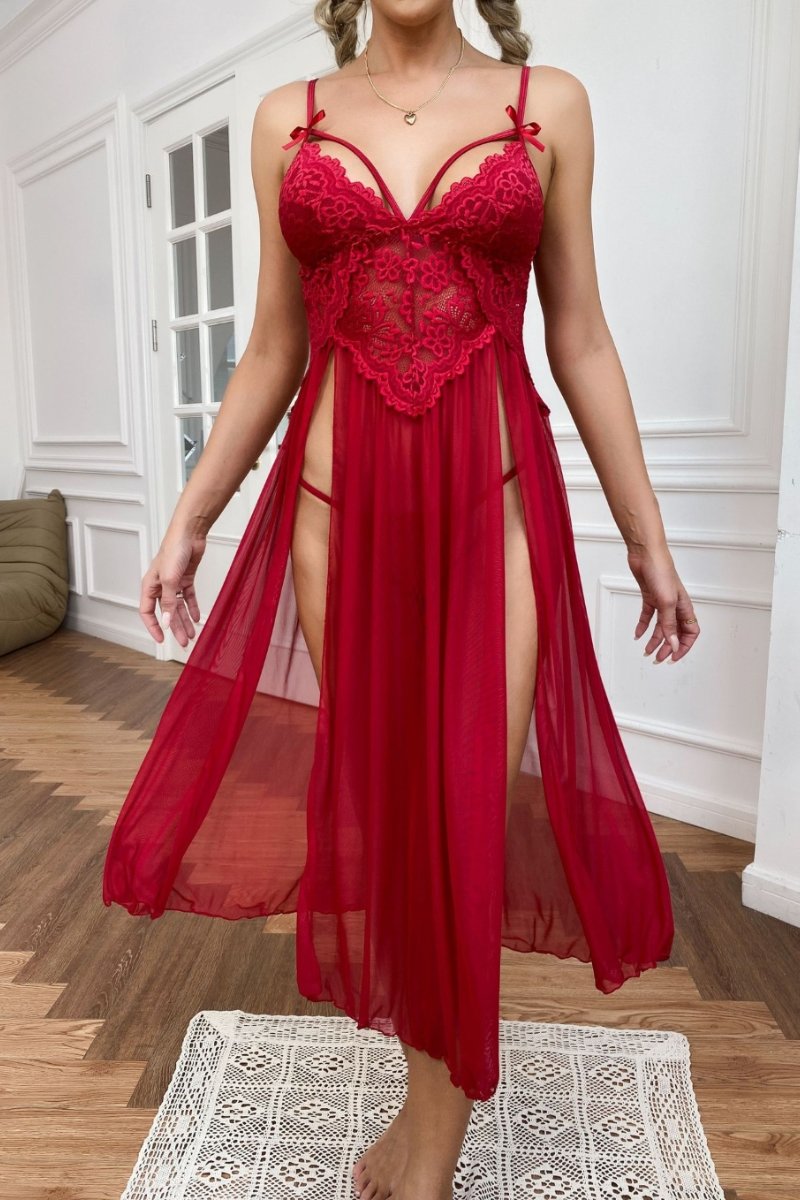 Alt: Wine red bulk silk Lace Pajamas with mesh draping and lace cups
