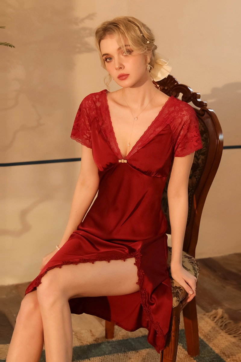 Wine red wholesale silk lace pajamas with floral hem and lace sleeves