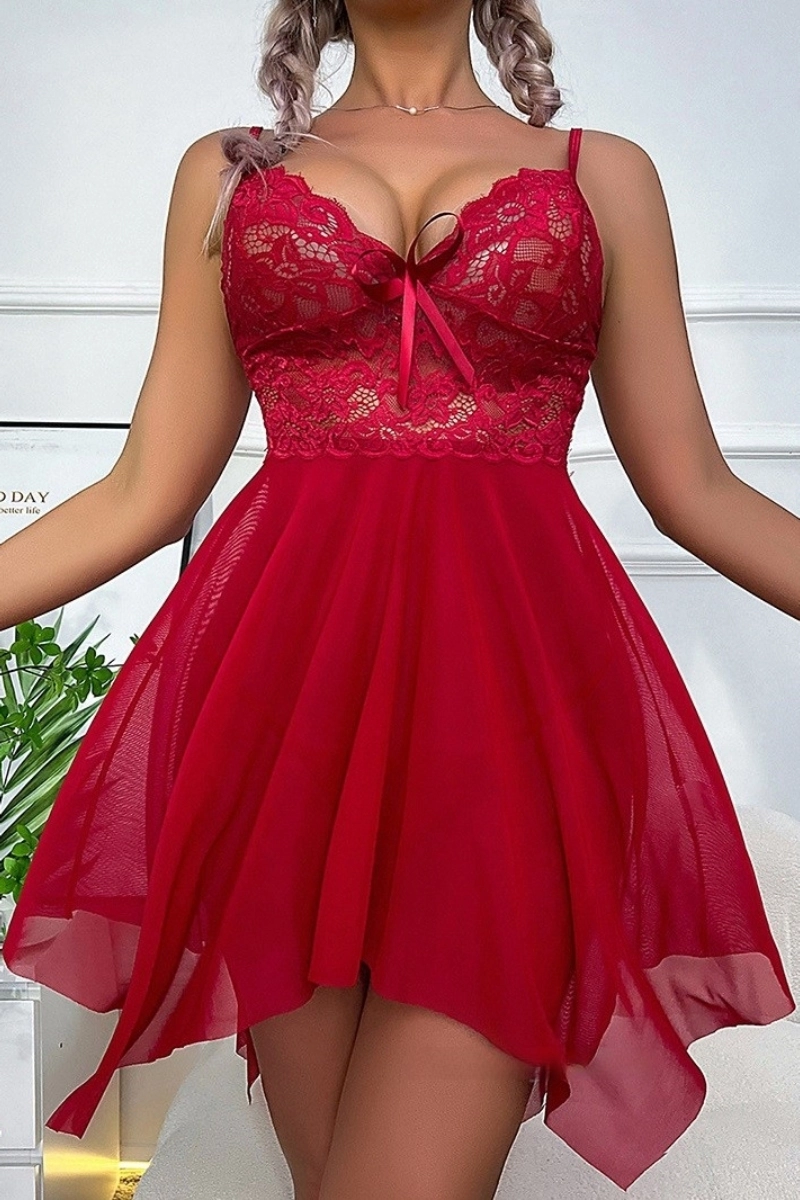 Alt:b2b satin Lace Pajamas in vibrant red with front ribbon