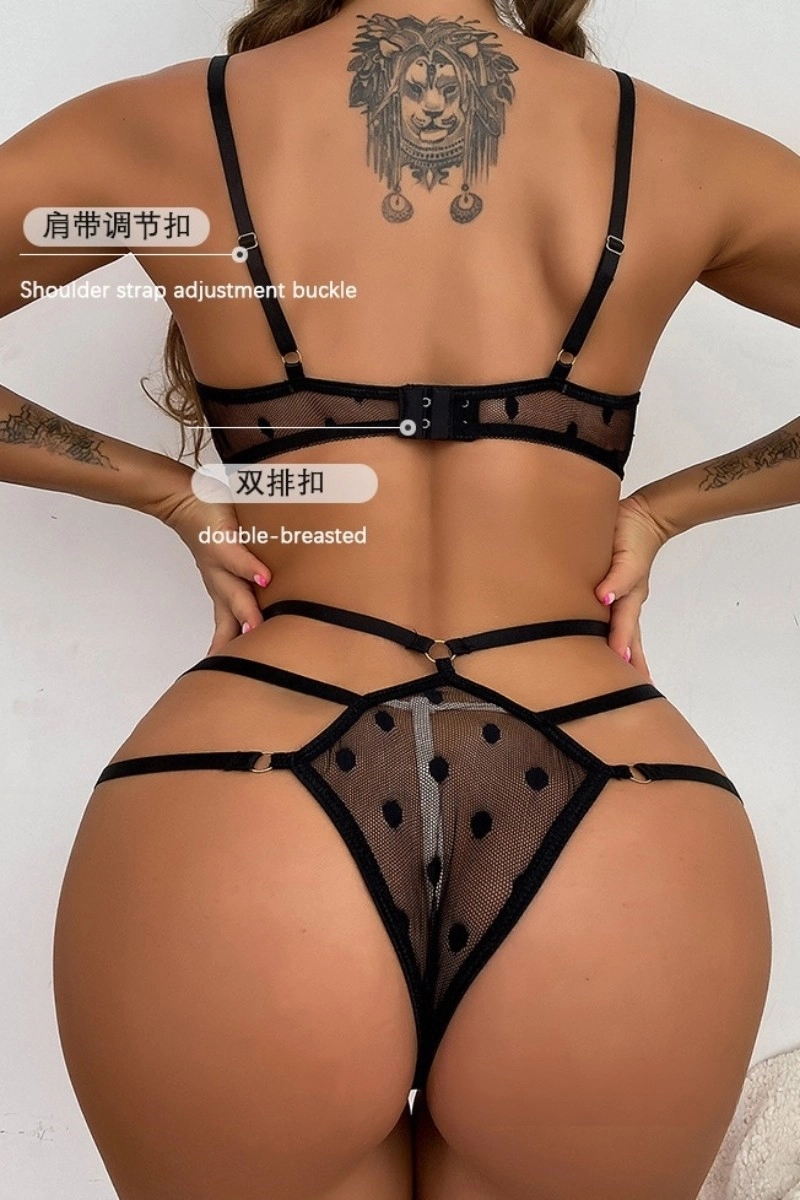 Alt:Back view of black bulk plus size Lace Pajamas with dual clasp and polka-dot mesh