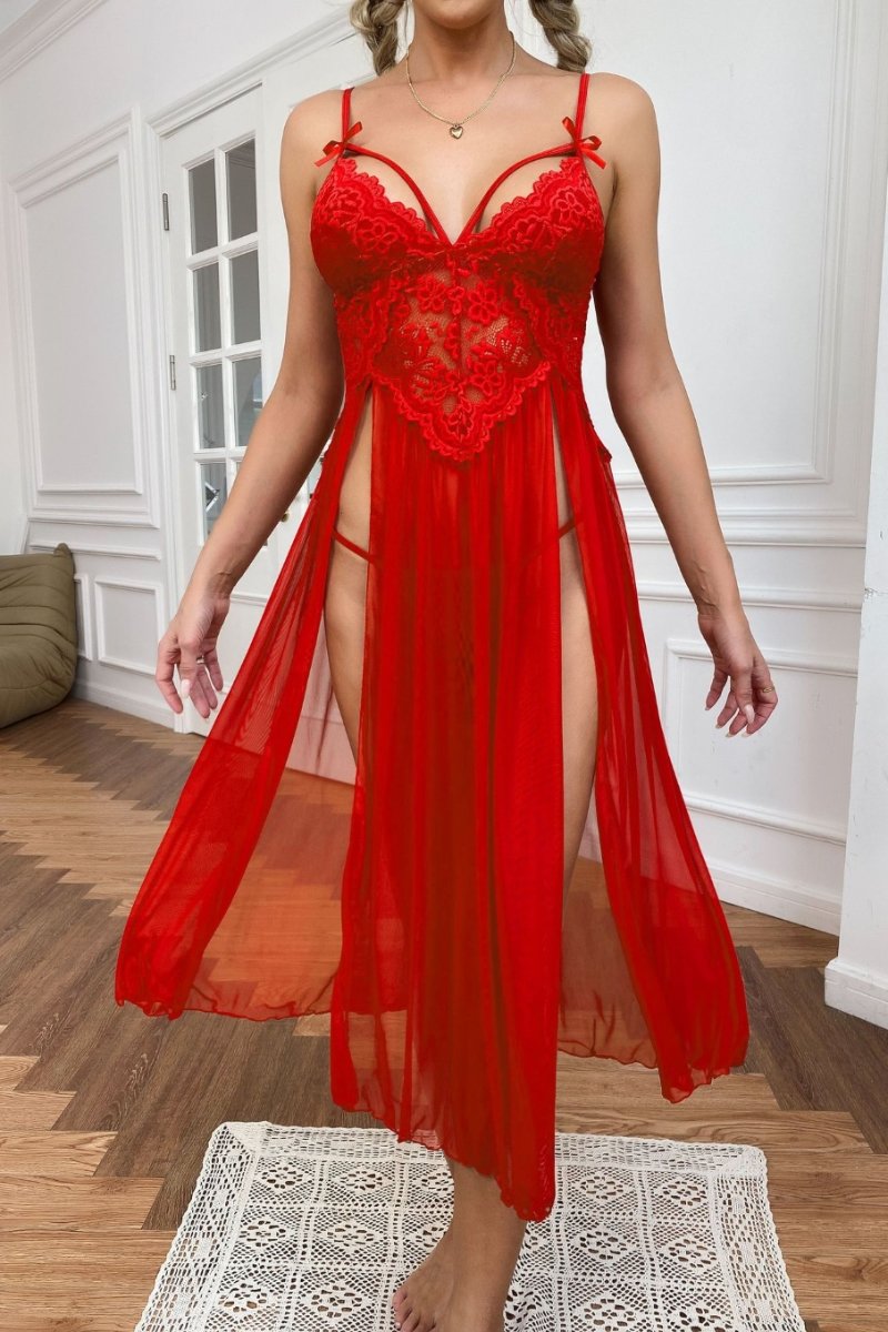Alt: Red bulk silk Lace Pajamas featuring sheer split design