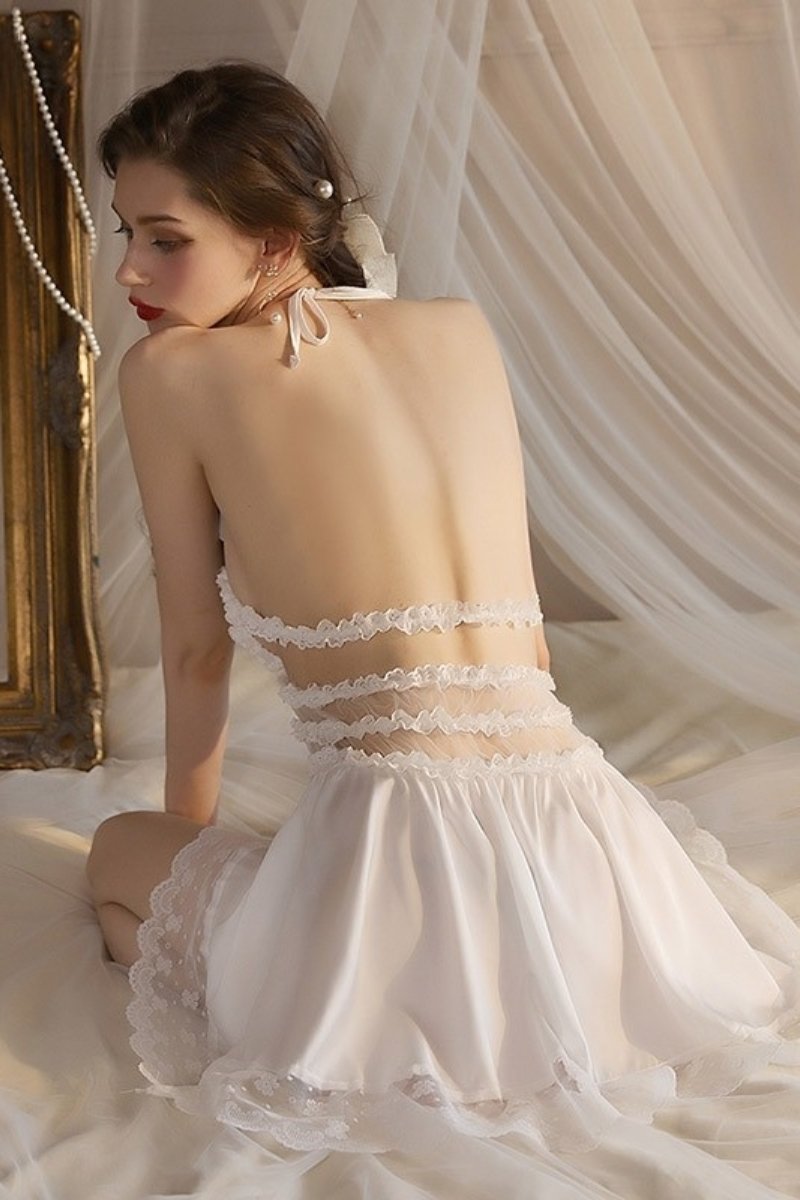 Alt:private label Lace Pajamas white open-back sheer frill lingerie