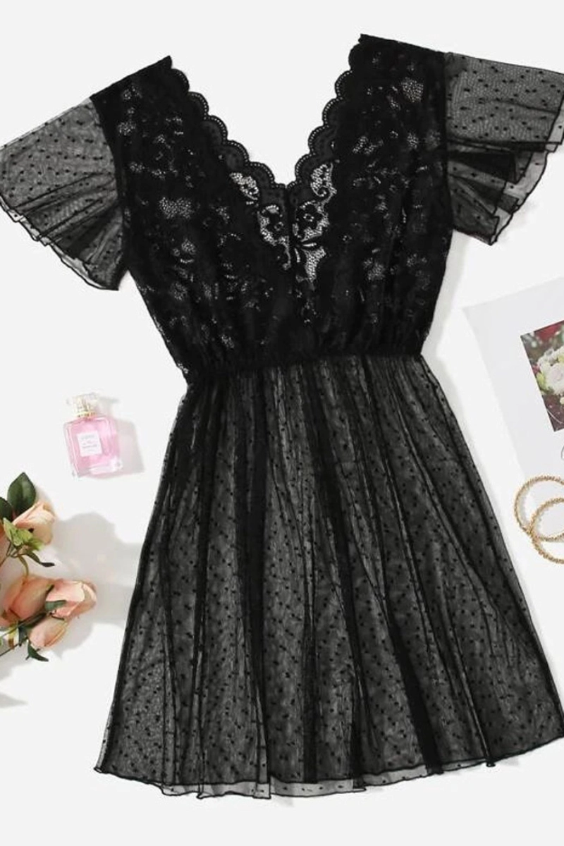 Classic black private label silk and Lace Pajamas with transparent dotted mesh and floral lace bodice