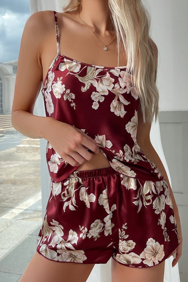Alt:Burgundy silk wholesale Lace Pajamas for women with cream florals