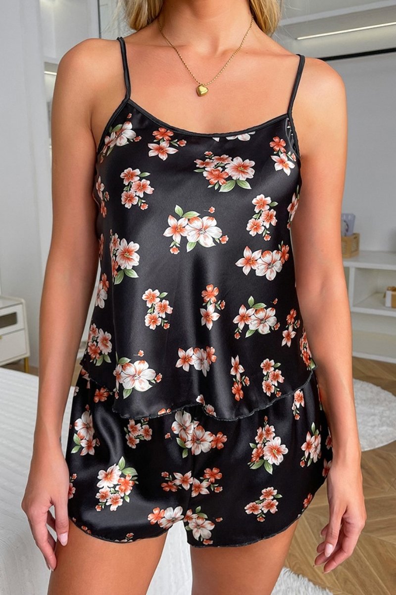 Alt:Black satin wholesale Lace Pajamas for women with floral designs